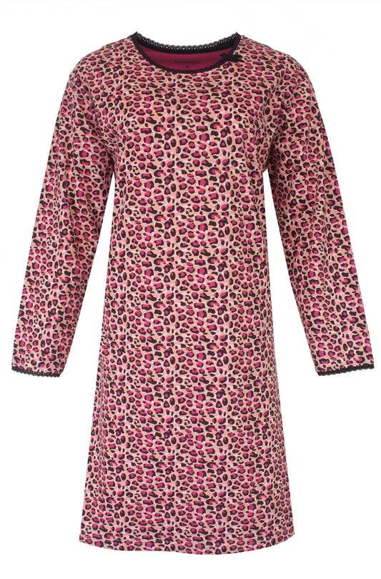 Irresistible Dames Nachthemd - Lange Mouwen - Ronde Hals - Panterprint - Roze