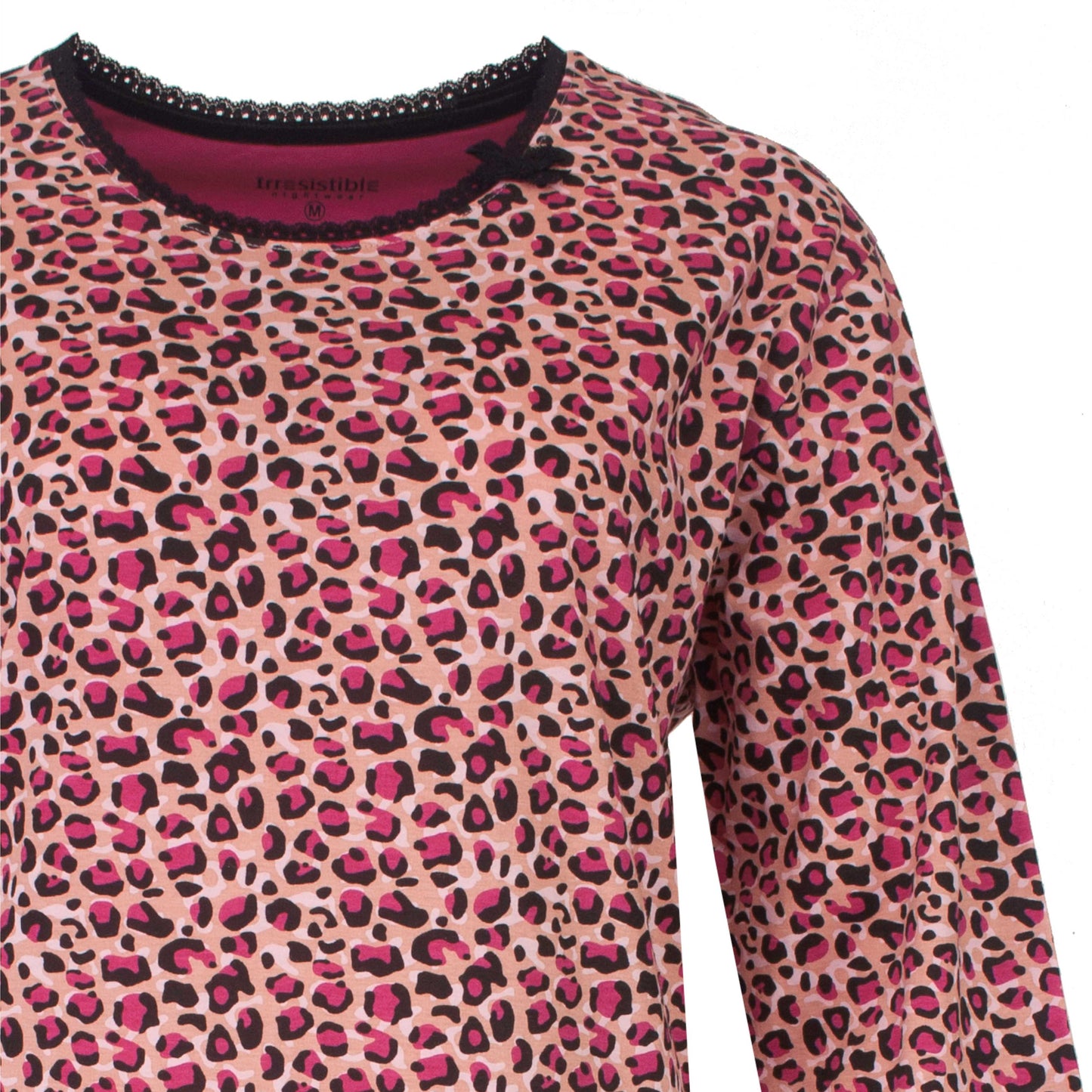 Irresistible Dames Nachthemd - Lange Mouwen - Ronde Hals - Panterprint - Roze