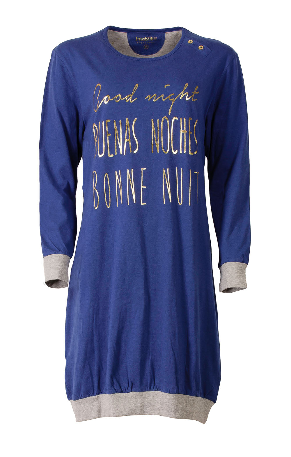 Irresistible Dames Nachthemd - Lange Mouwen - Ronde Hals - Blauw/Grijs