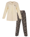 Medaillon Dames Pyjama - Lange Mouwen - Knoopsluiting - Lichtgeel