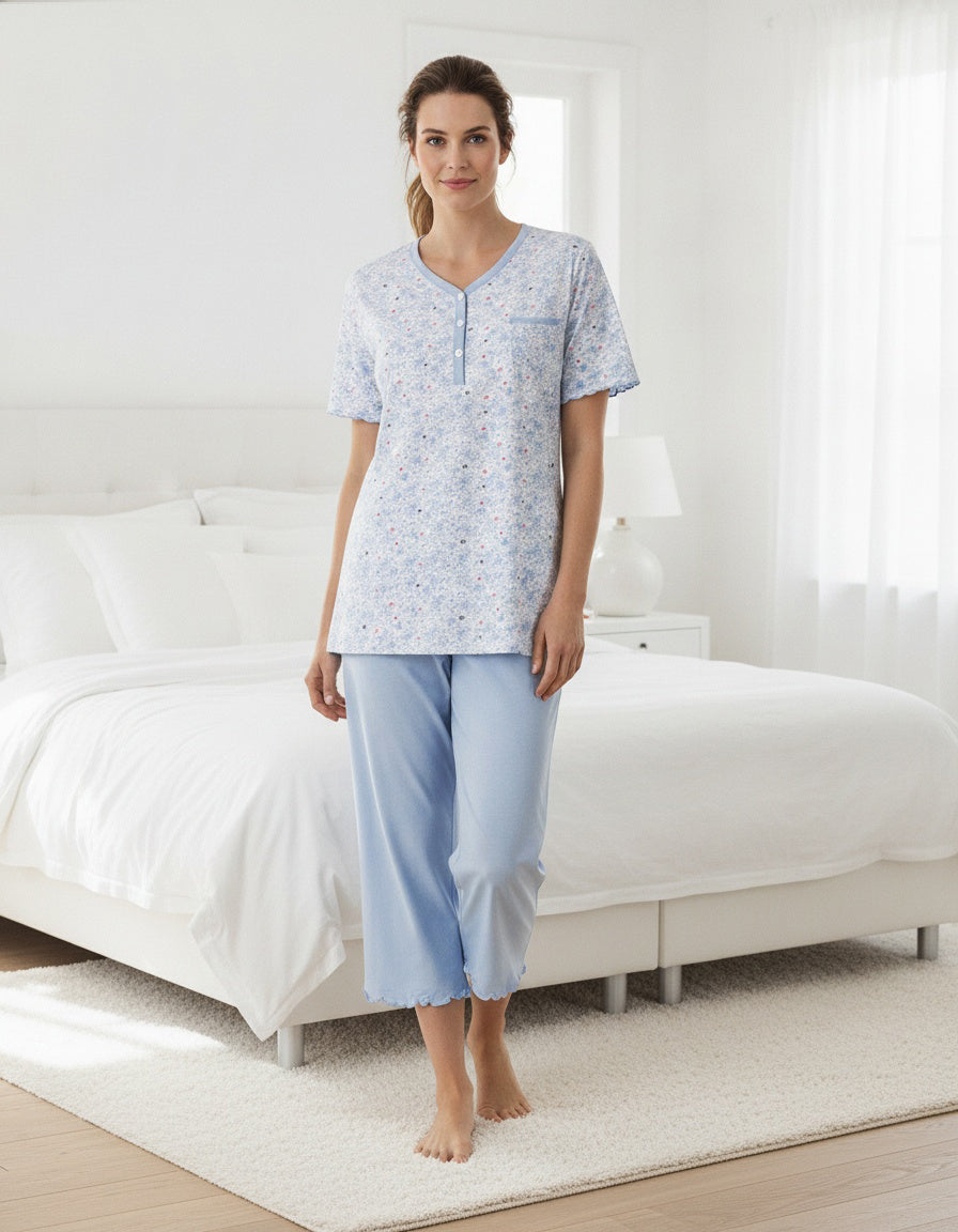 Medaillon Dames Pyjama - 100% Katoen - Licht Blauw