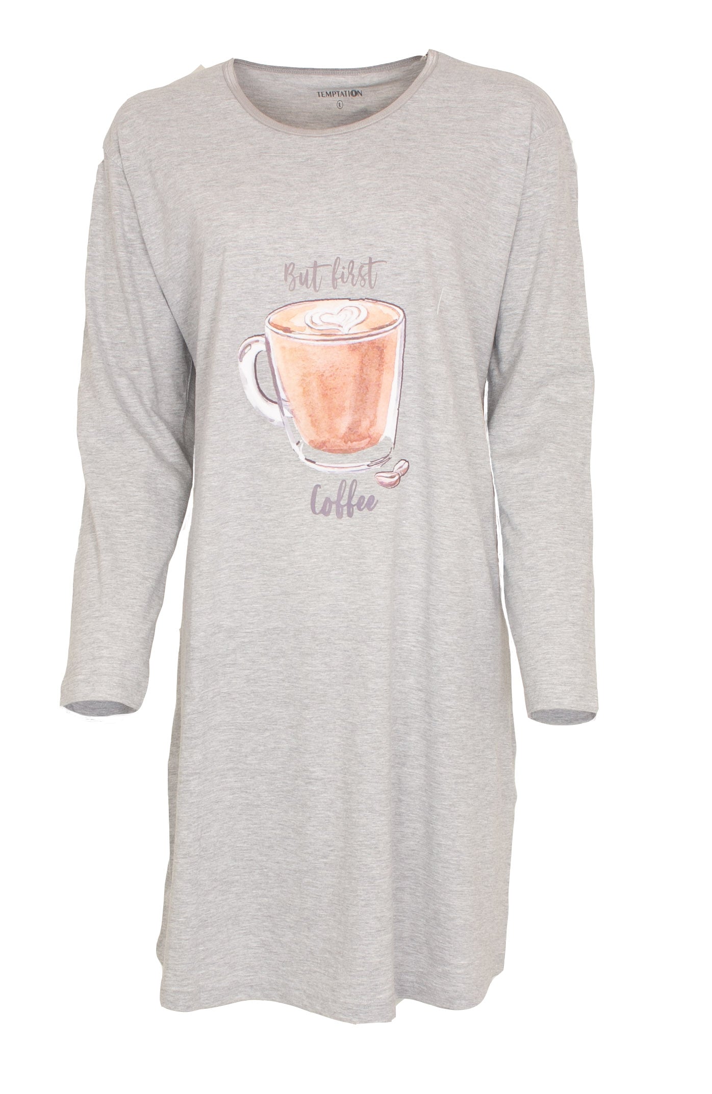 Tempation Dames Nachthemd - Bigshirt - Lange Mouwen - Grijs Melange