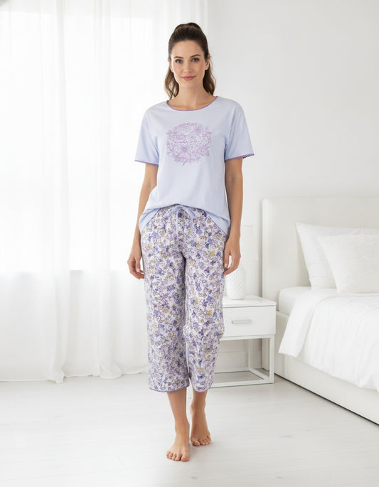 Tenderness Dames Shortama Set-3/4 Broek- Korte Mouwen - Bloemen Print - Licht Blauw