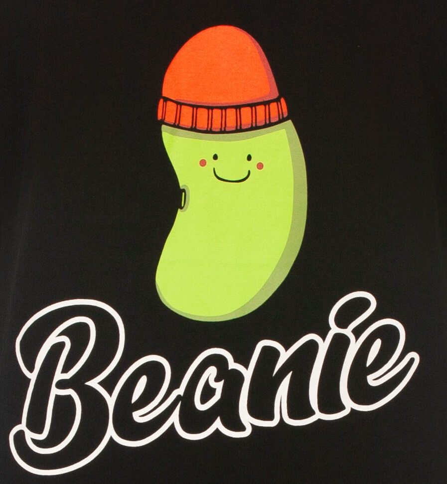 Cartoon van een groene erwt met een oranje muts en een glimlach, met 'Beanie' eronder geschreven op zwarte achtergrond