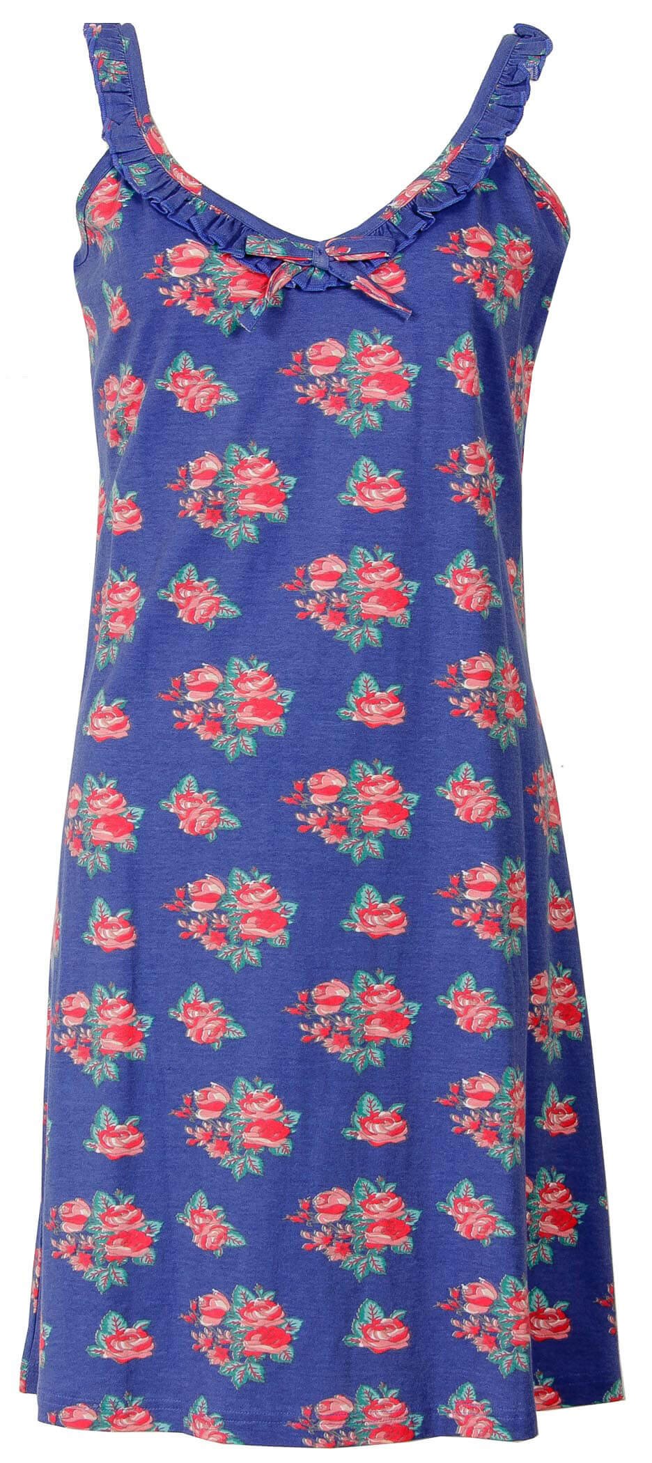 Blauw katoenen nachthemd met roze bloemenprint, ruches langs de hals en schouderbandjes, en een strikje onder de hals.