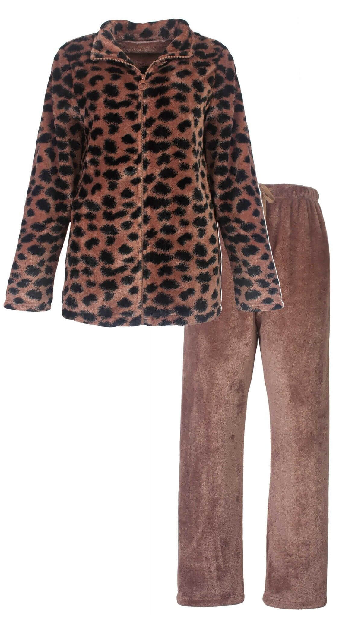 Bruine fleece huispak met panterprint en bijpassende effen broek, ideaal voor comfort thuis.