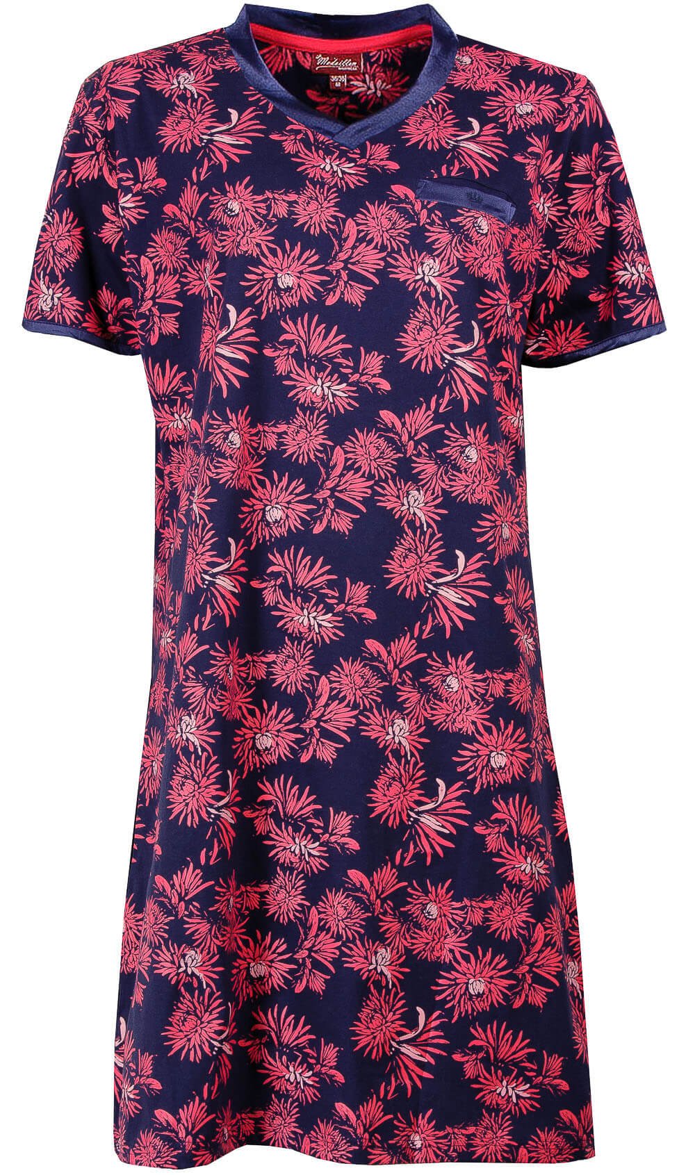 Blauw dames nachthemd met roze bloemenpatroon, V-hals, korte mouwen en satijnen accenten