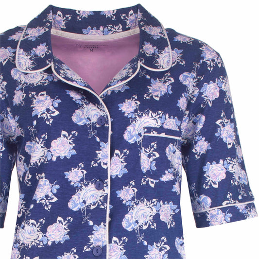 Blauw nachthemd met roze bloemenprint, doorknoop stijl, driekwart mouwen en borstzakje