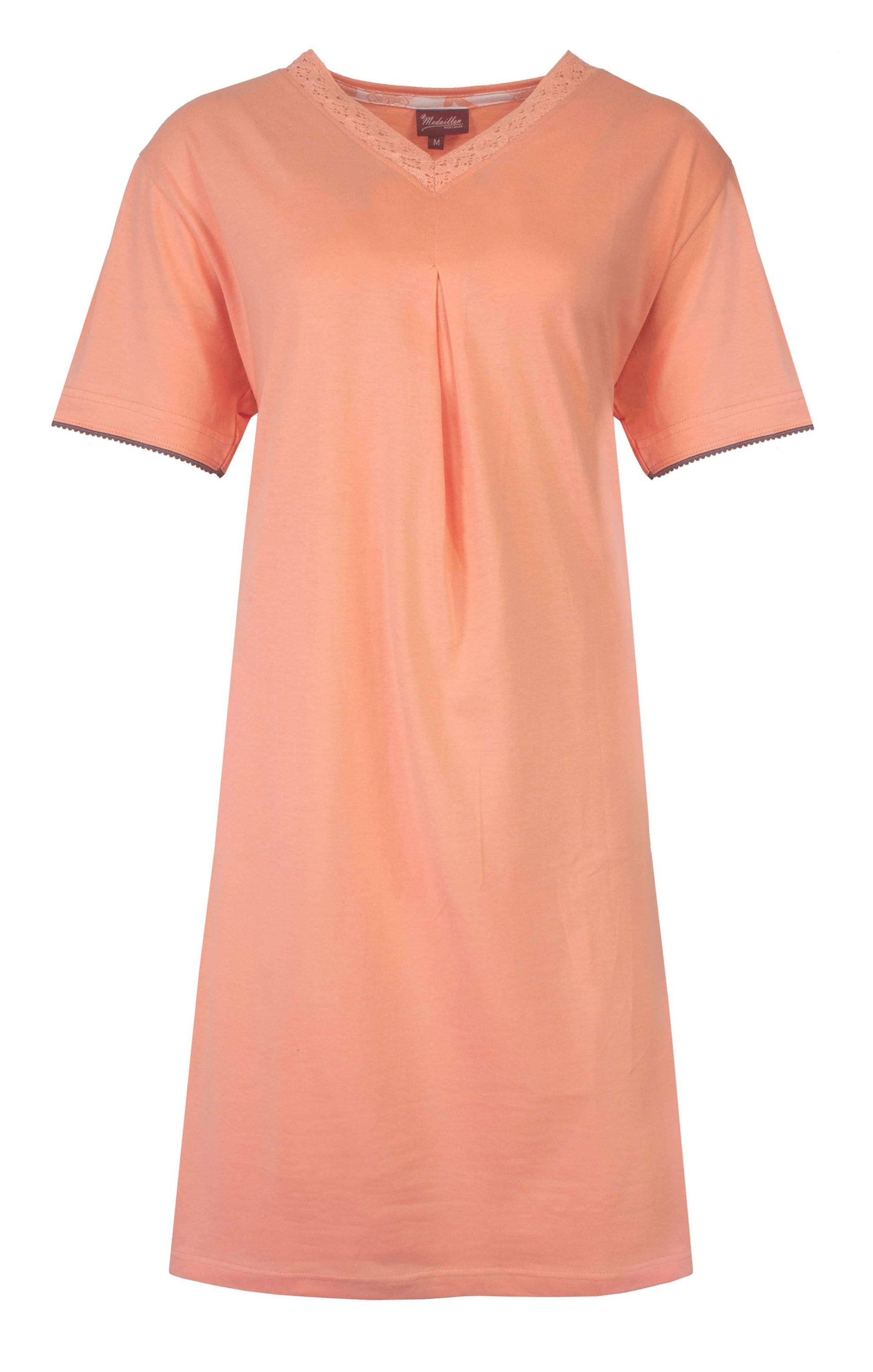 Oranje dames nachthemd met korte mouwen, V-hals met kant, plooi onder de hals, lengte tot boven de knie