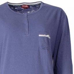 Blauwe dames pyjama top met lange mouwen, ronde hals, polosluiting en borstzakje met strikje