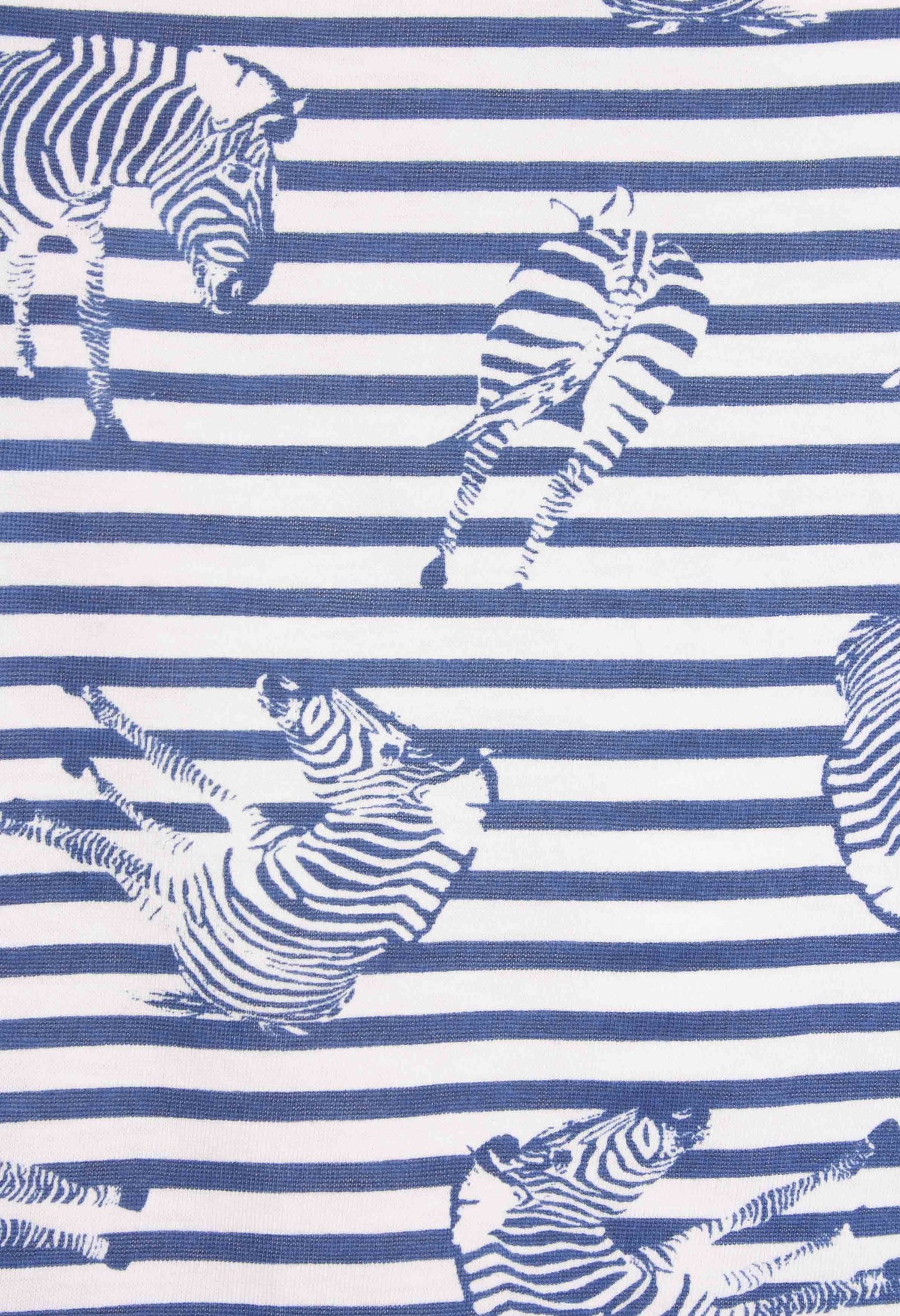 Blauw-witte gestreepte stof met zebrapatroon, geschikt voor pyjama's of huiskleding.