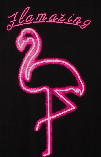Neon roze flamingo silhouet met 'Flamazing' tekst op zwarte achtergrond, ontwerp voor een dames bigshirt