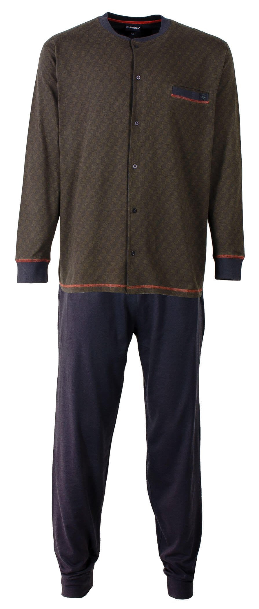 Grijze heren pyjama met doorknoop top en lange broek. Contrasterende boorden en borstzakje met logo.