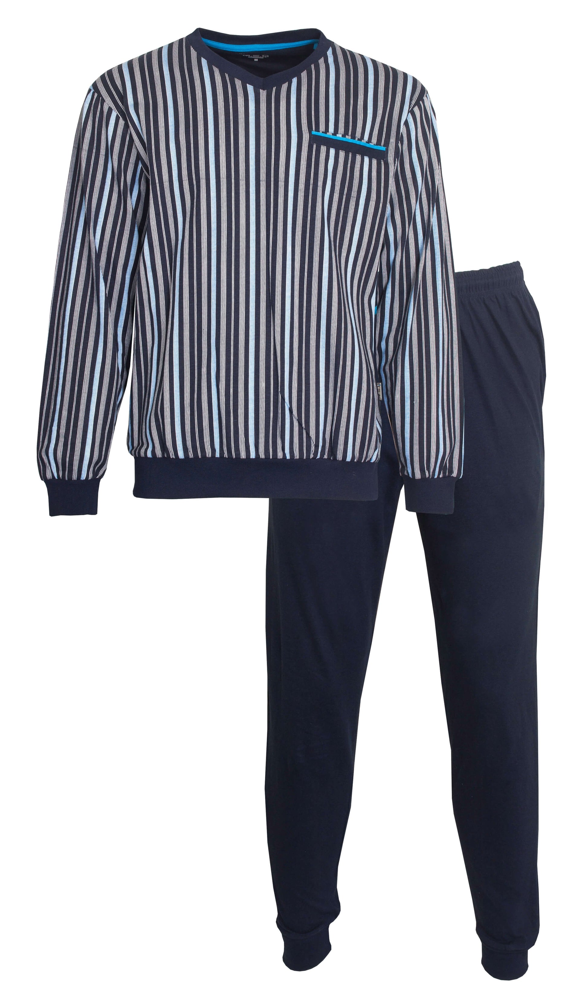 Heren pyjama set met gestreept shirt en zwarte broek. Shirt heeft verticale strepen en V-hals. 100% katoen.