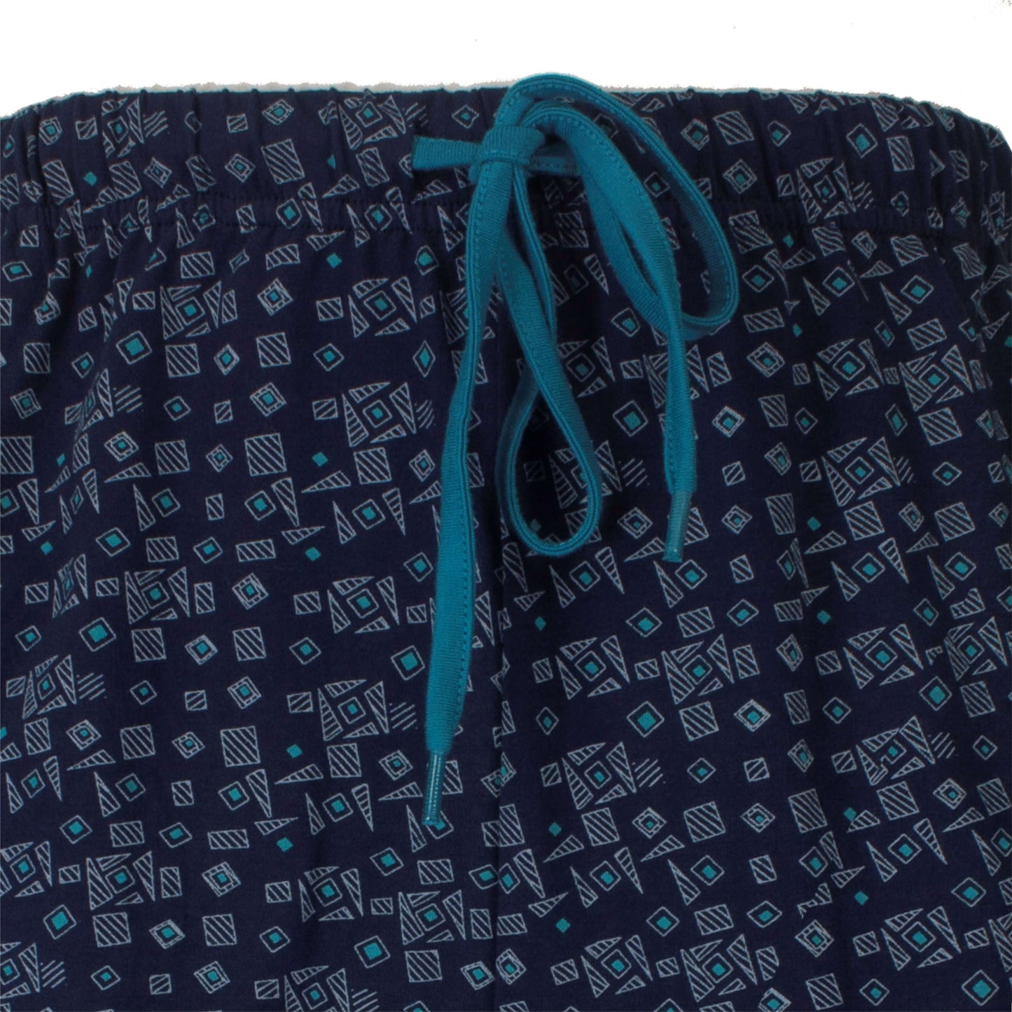 Donkerblauwe stof met aqua groene geometrische print een aqua groen koord voor de taille