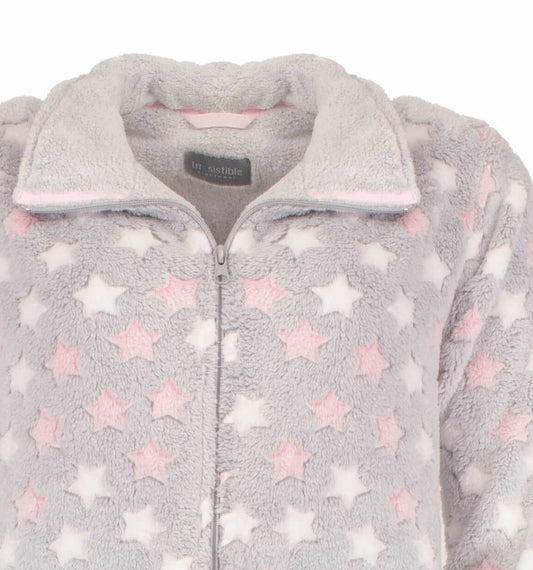 Grijze fleece huispak met roze en witte sterren, ritssluiting en opstaande kraag van het merk Irresistible.