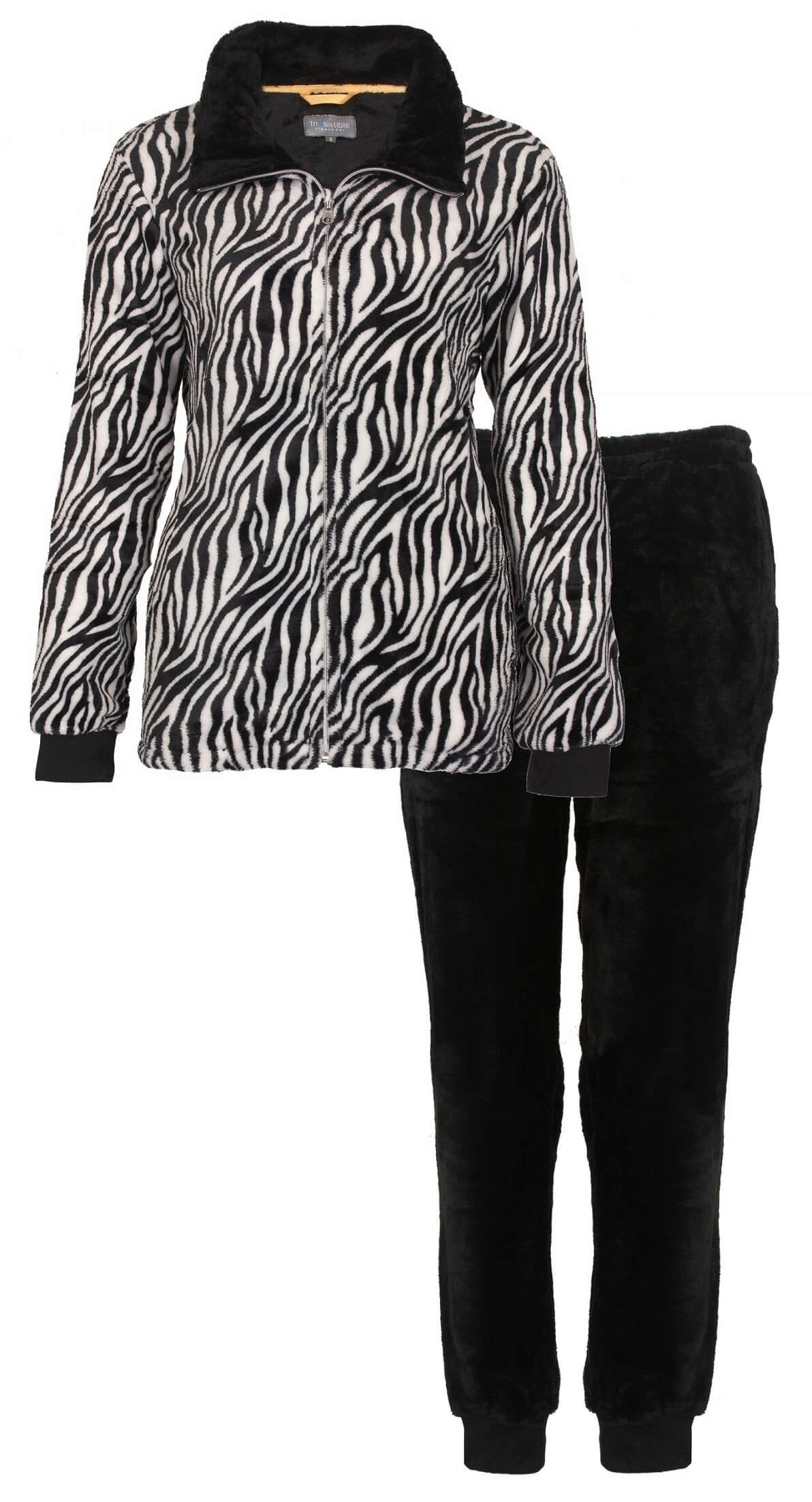 Zwart-wit zebra print fleece huispak met zwarte kraag en bijpassende zwarte broek