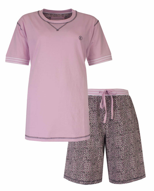 Lila dames pyjama set met effen T-shirt en luipaard print shorts, merk Irresistible
