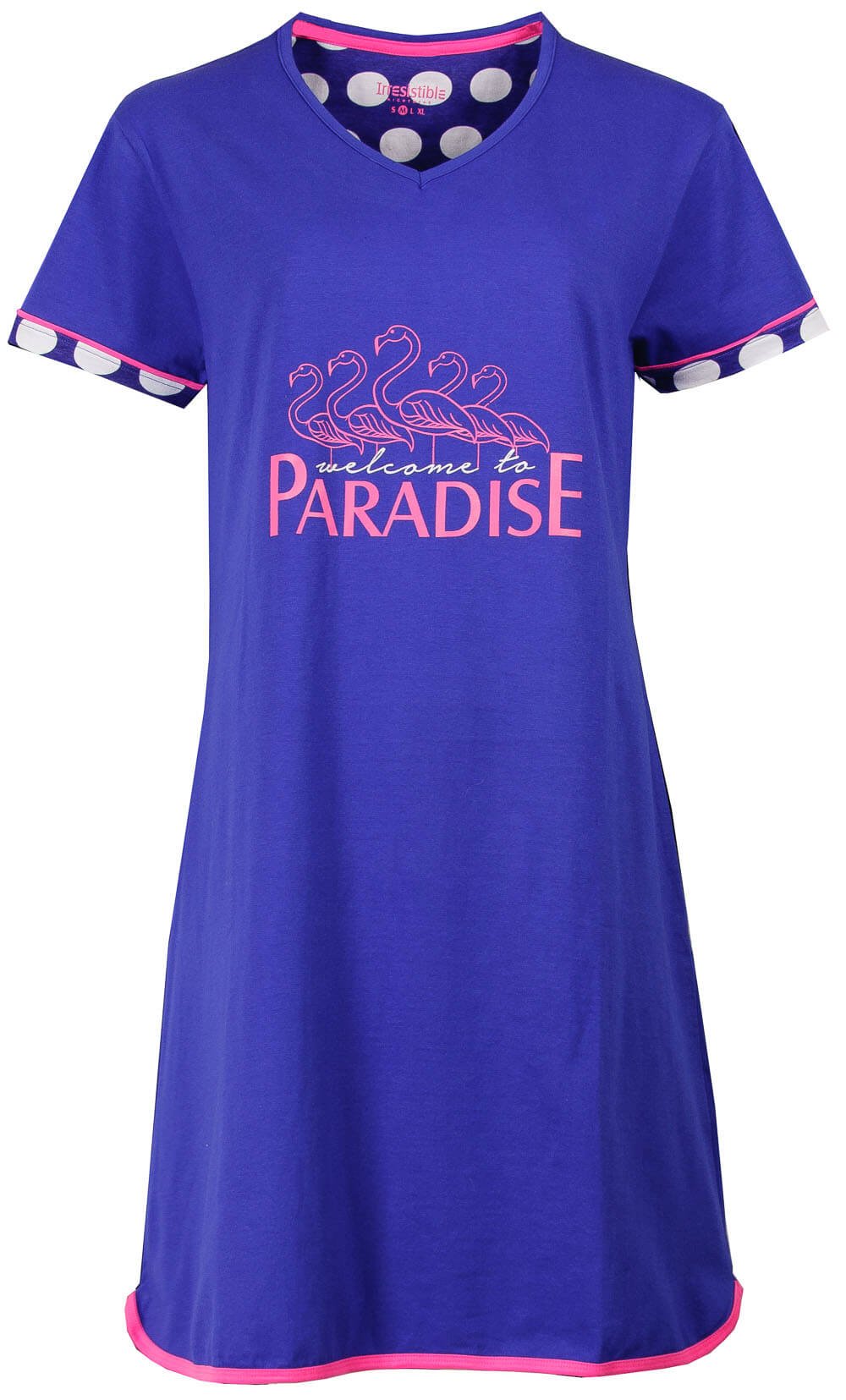 Blauw dames nachthemd met V-hals, korte mouwen, roze flamingo print en gestippelde boorden