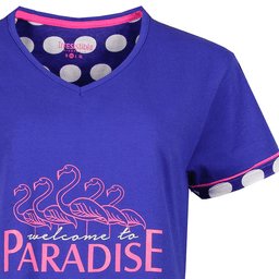 Blauw nachthemd met roze flamingo print, V-hals, korte mouwen met stippenpatroon en roze bies onderaan.