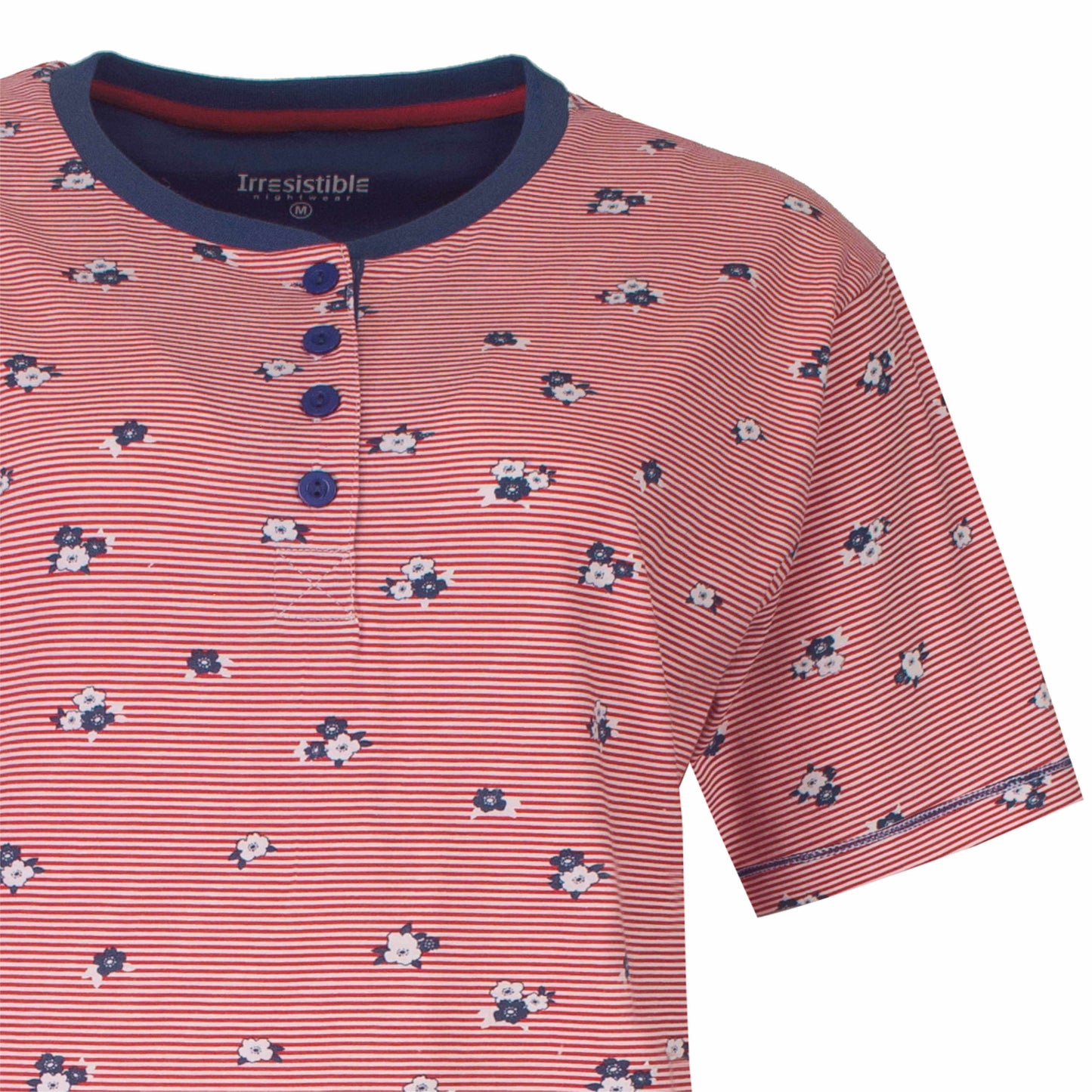 Blauw nachthemd met rode strepen en kleine bloemenprint, henleyhals met knopen en korte mouwen