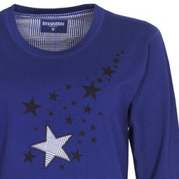 Blauw dames nachthemd met lange mouwen en sterrenprint, grotere ster applicatierapplicatie op de borst
