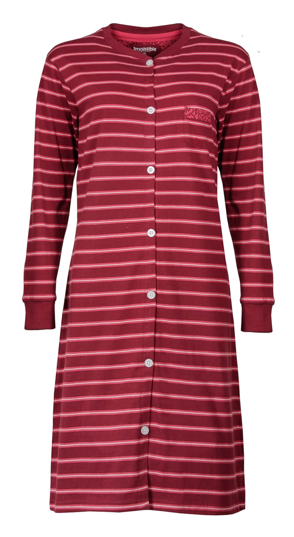 Rood gestreept doorknoop nachthemd met lange mouwen, ronde hals en opgestikt zakje met geborduurd logo