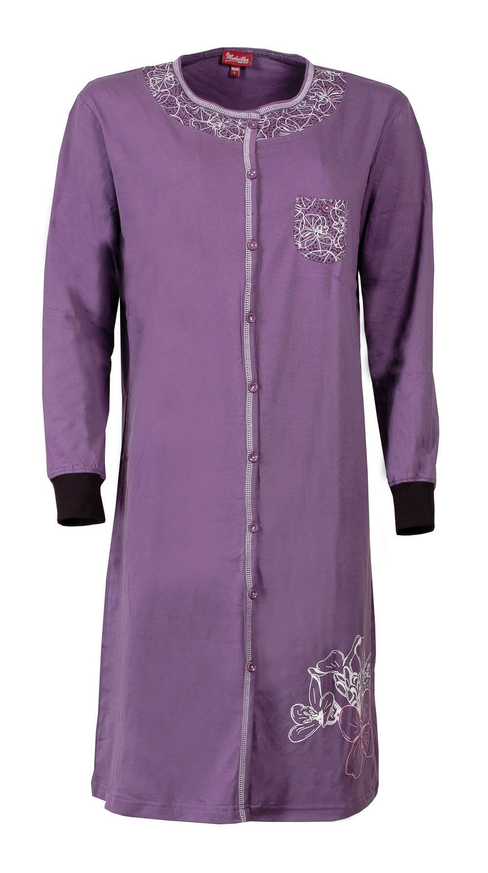 Paars doorknoop nachthemd met lange mouwen, geprinte hals en bloemmtroon op de onderkant en borstzakje