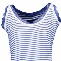 Mouwloos nachthemd met blauwe en witte strepen, ronde hals en kanten afwerking aan de armsgaten