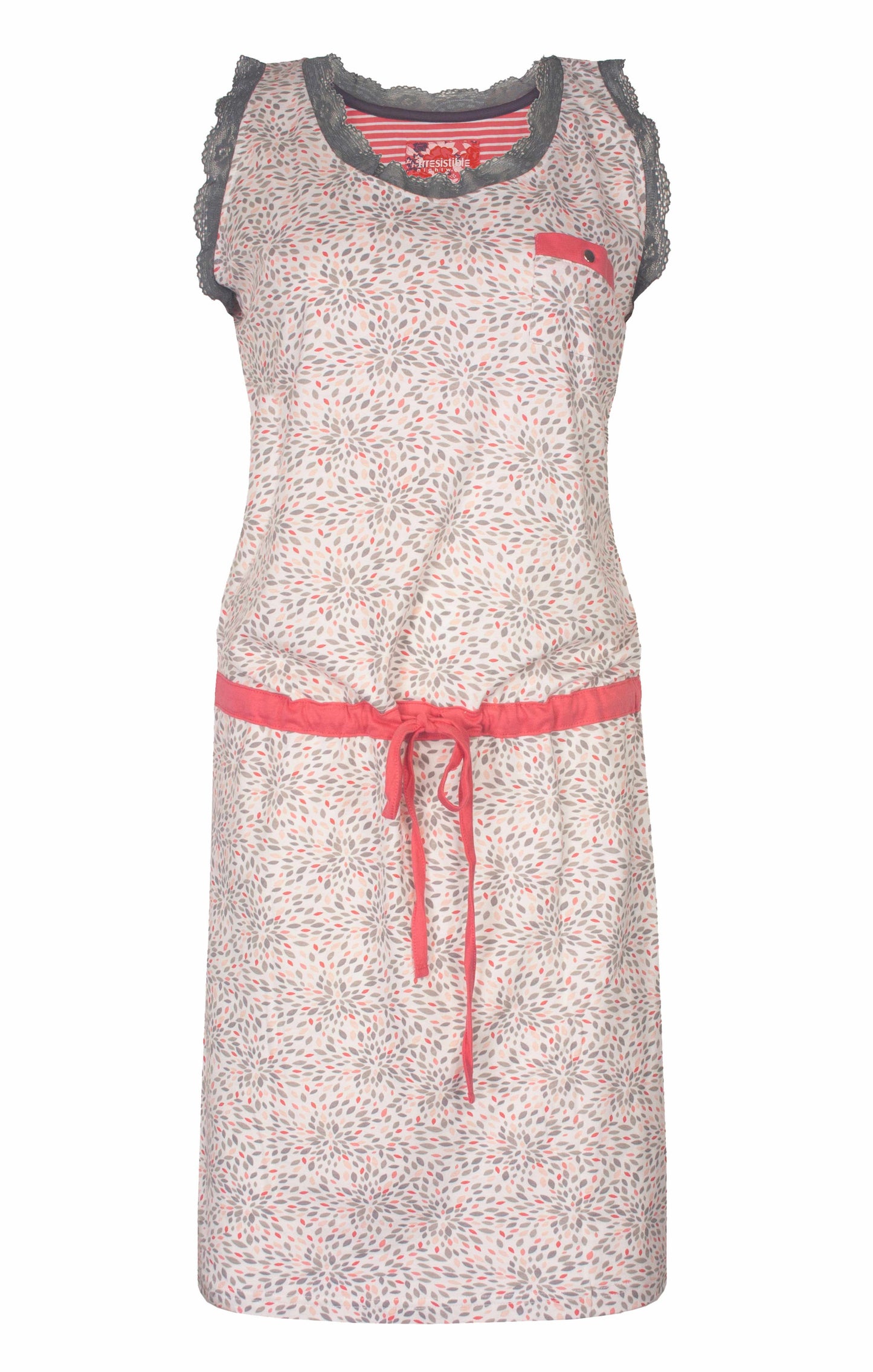Beige dames nachthemd met bloemachtig patroon, kanten afwerking en aantrekkoord op de heup.