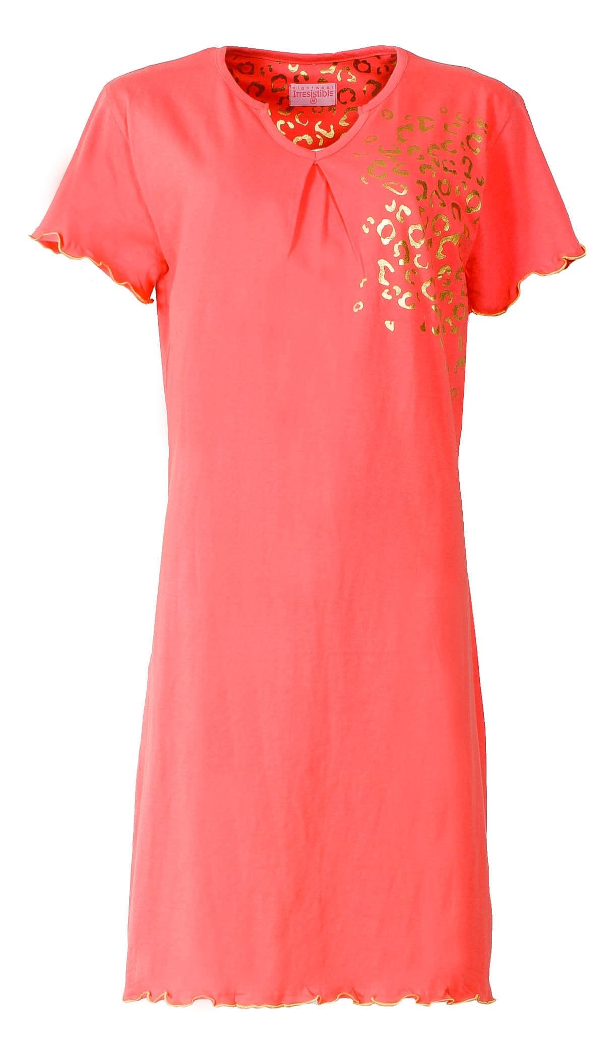 Licht oranje katoenen nachthemd met korte mouwen, V-hals, goudkleurige foilprint en geprinte halsinzet