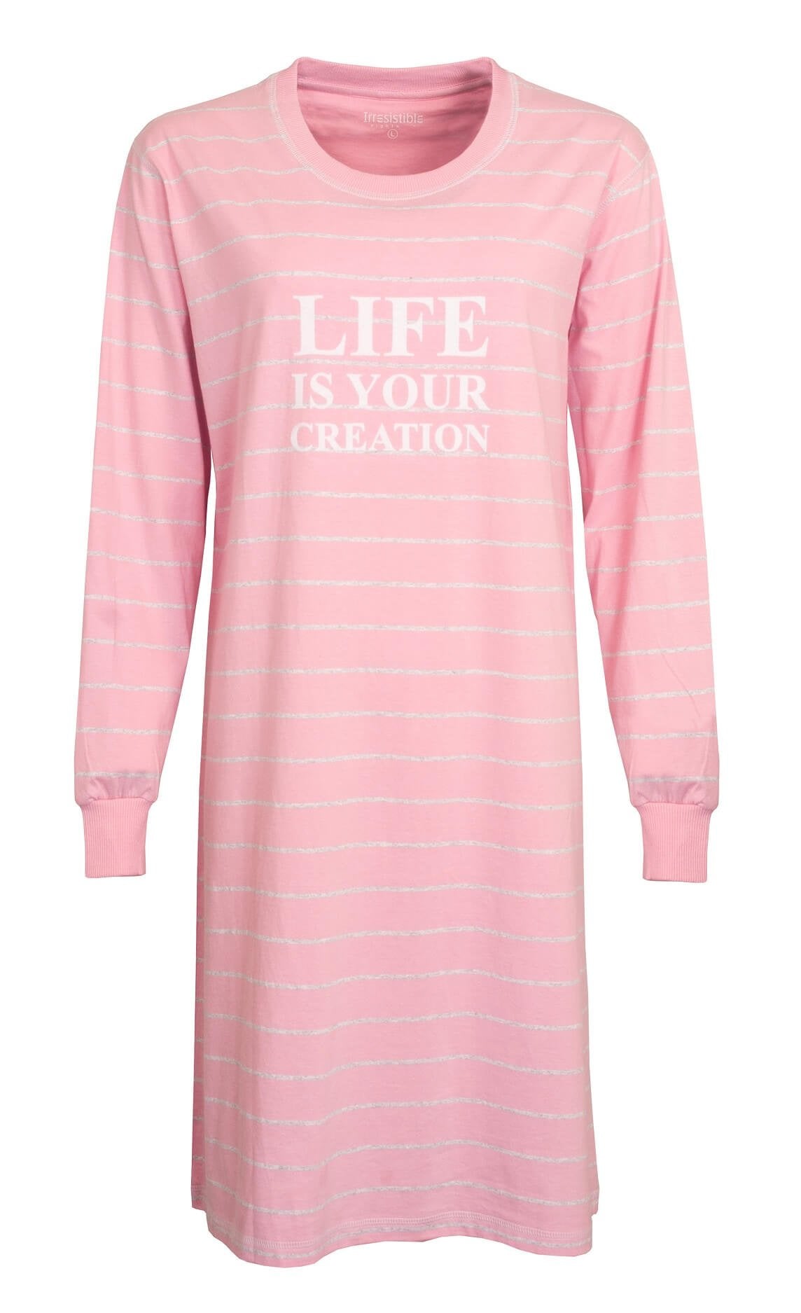 Roze gestreept nachthemd met lange mouwen en opdruk 'LIFE IS YOUR CREATION' in wit op de voorkant