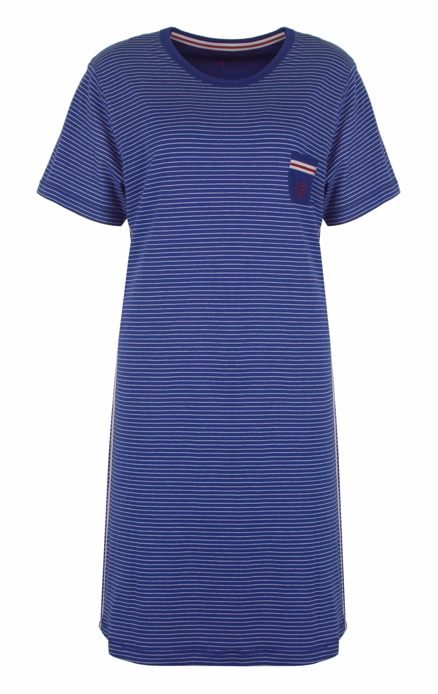 Kobaltblauw gestreept nachthemd met korte mouwen, ronde hals en borstzakje met contrasterende bies.