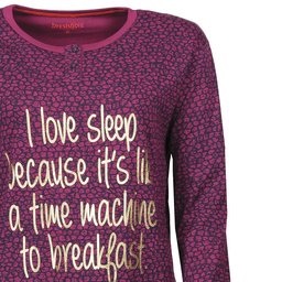 Paars nachthemd met lange mouwen en goudkleurige opdruk 'I love sleep because it's like a time machine to breakfast'