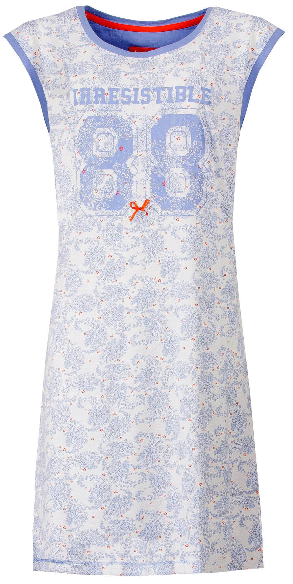 Lichtblauw mouwloos nachthemd met bloemenprint en '88' opdruk, ronde hals en kleine rode strik