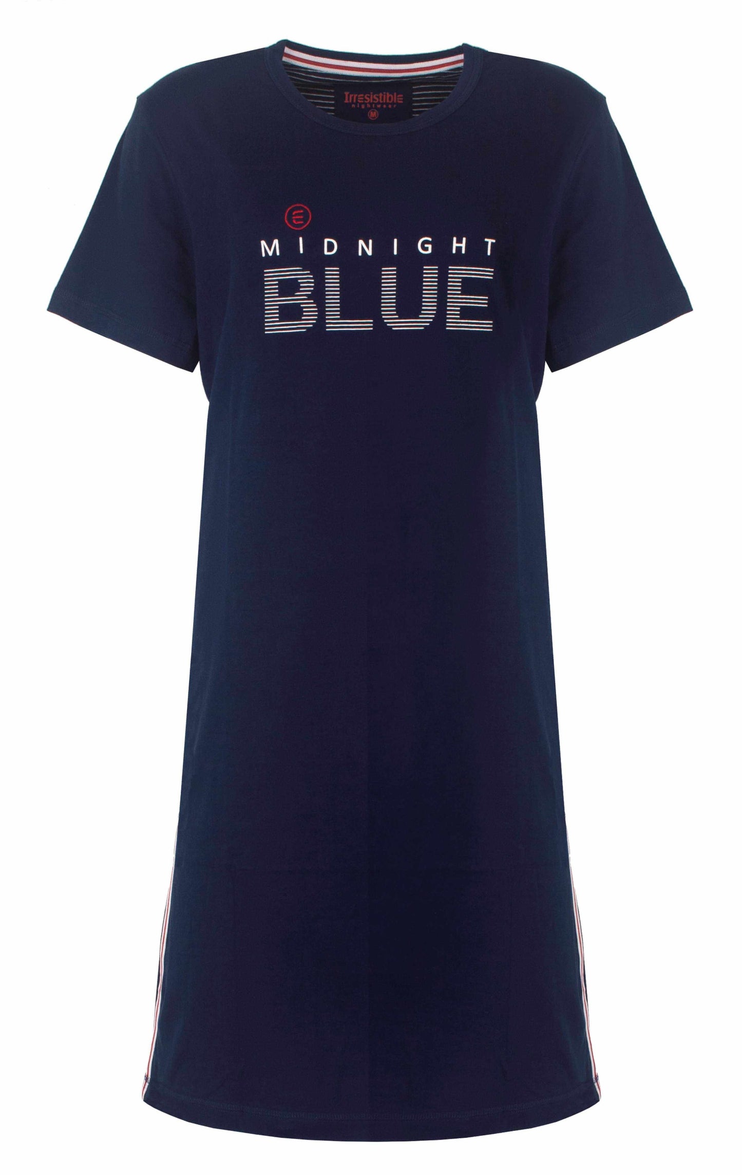 Donkerblauw nachthemd met korte mouwen en 'Midnight Blue' opdruk, merk Irresistible