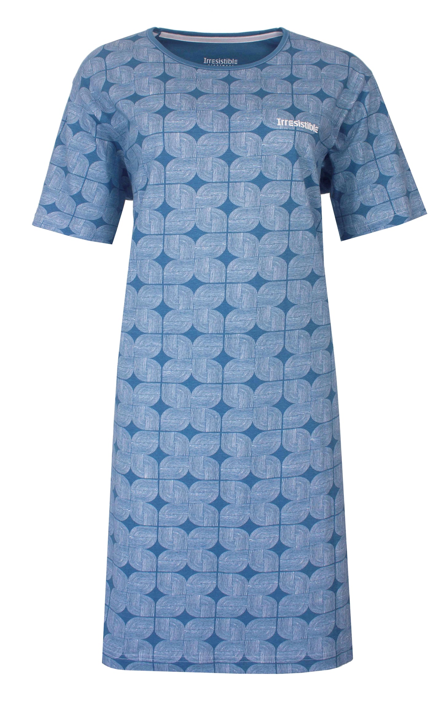 Blauw dames nachthemd met geometrisch bladpatroon, korte mouwen en ronde hals van het merk Irresistible