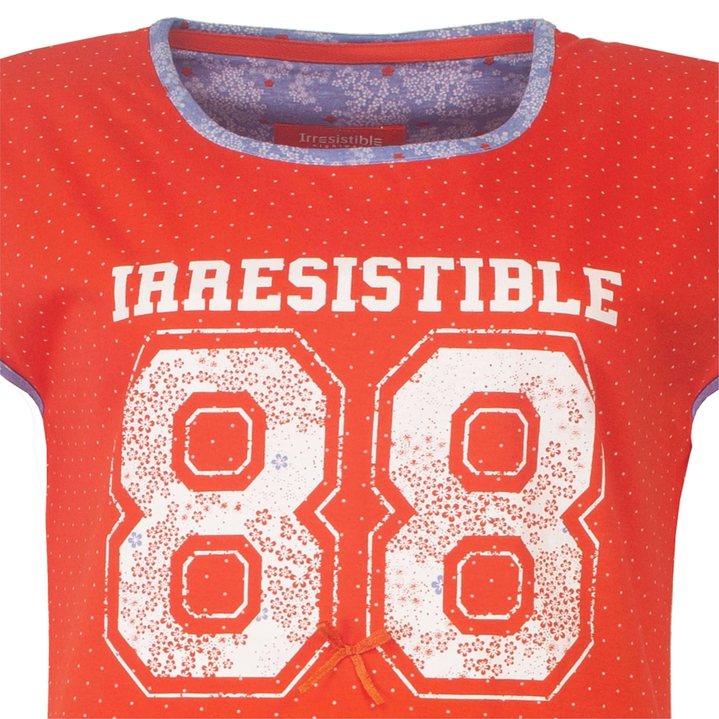 Oranje mouwloos nachthemd met witte stippen, '88' opdruk en 'Irresistible' tekst, ronde hals en blauwe binnenkraag