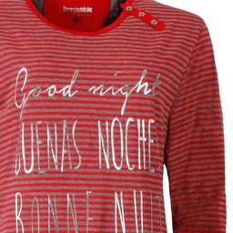 Rood gestreept dames nachthemd met zilverkleurige tekst 'Good night' op de borst en lange mouwen