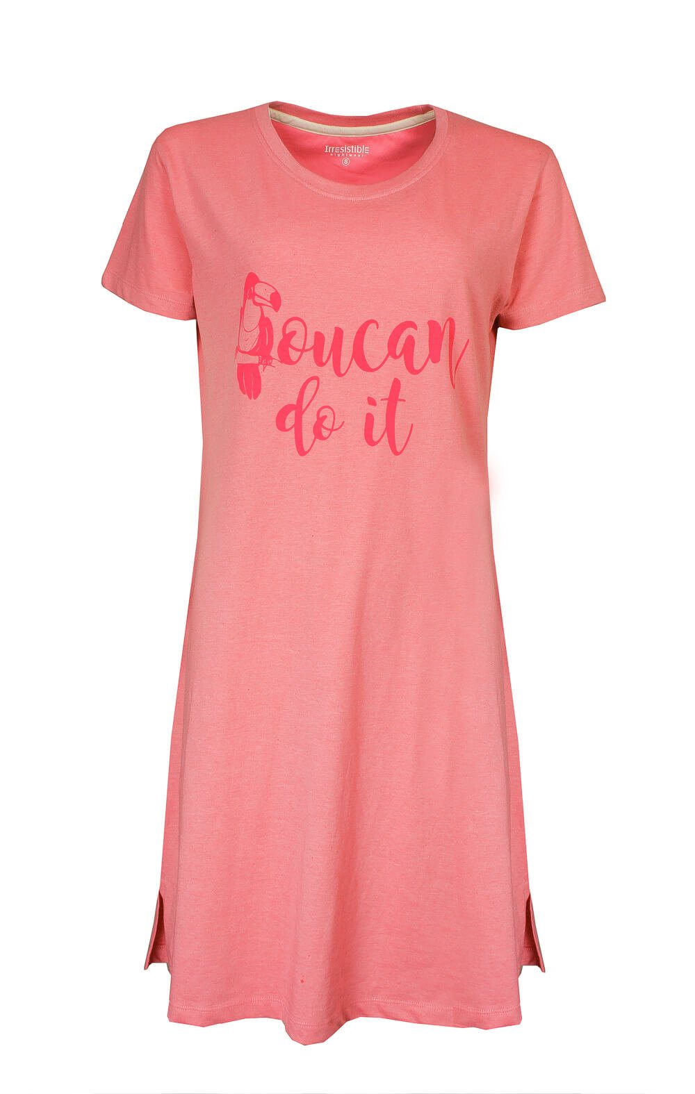Roze nachthemd met korte mouwen en 'Toucan do it' tekst.druk, gemaakt van katoen en polyester mengsel