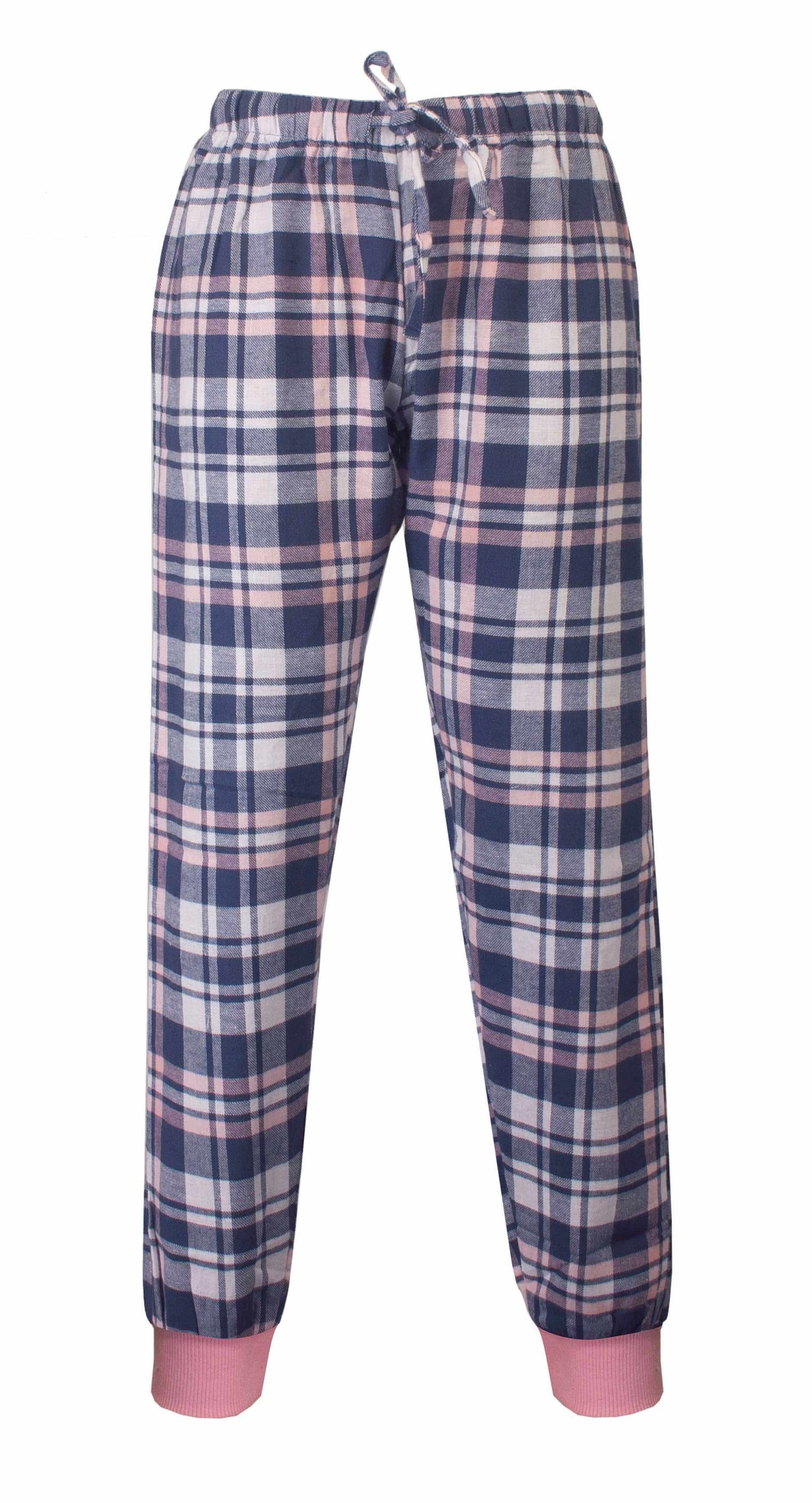 Geruite pyjama broek in blauw, roze en wit met roze boorden en een trekkoord in de taille.
