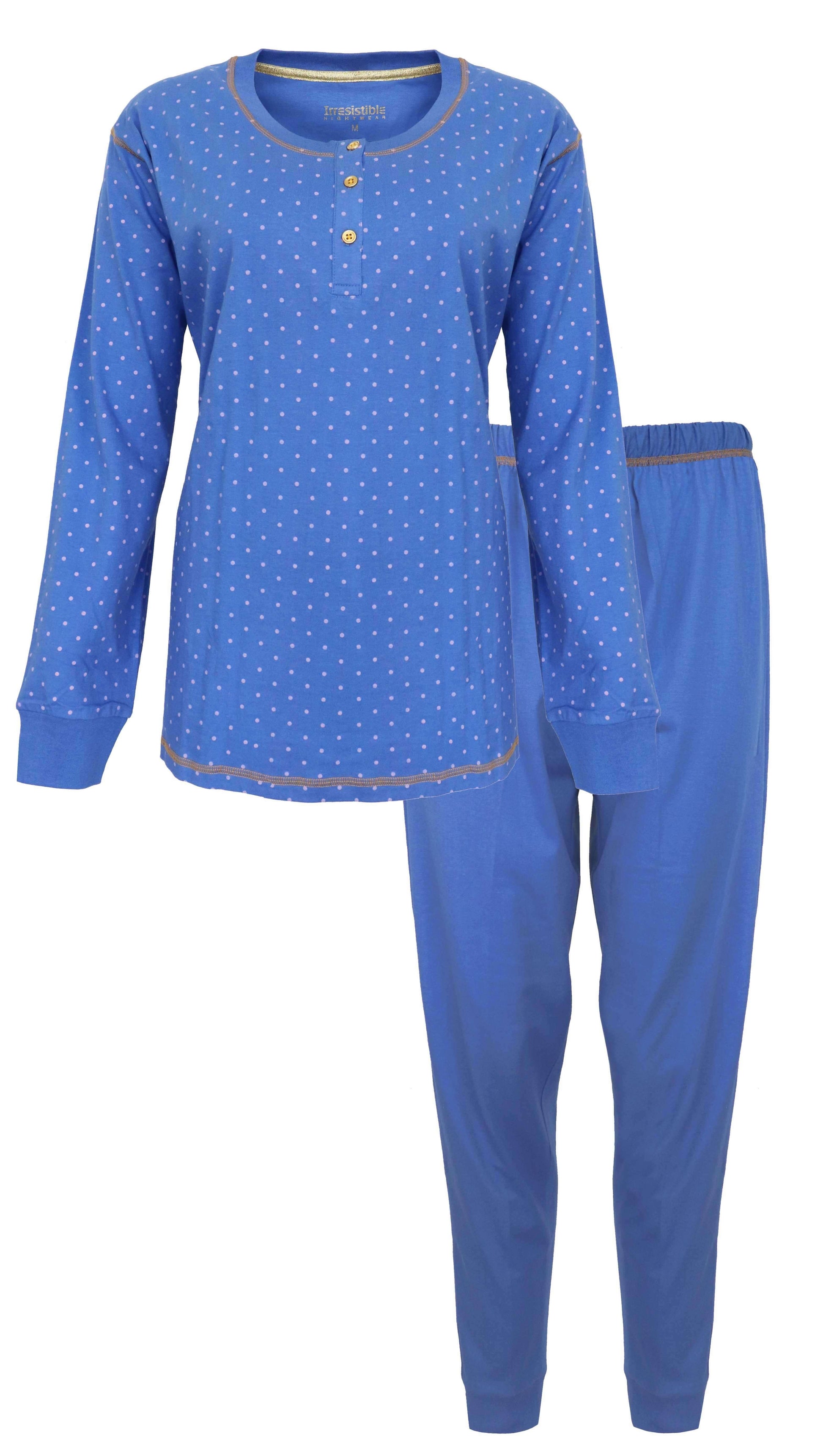 Blauwe katoenen dames pyjama met witte stippen, lange mouwen en polomouw. Set met bijpassende lange broek.