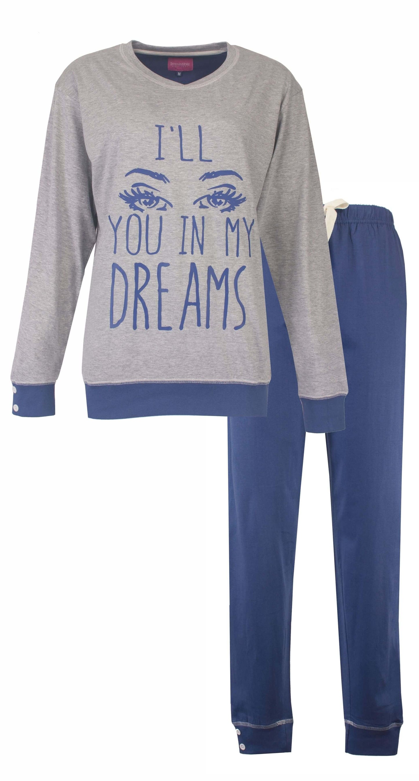 Grijze katoenen dames pyjama met lange mouwen. Top met blauwe print 'I'll you in my dreams' en bijpassende blauwe broek.