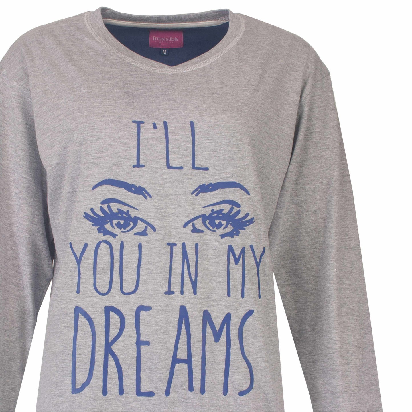 Grijze pyjama top met lange mouwen en blauwe opdruk 'I'll you in my dreams' met ogen afbeelding