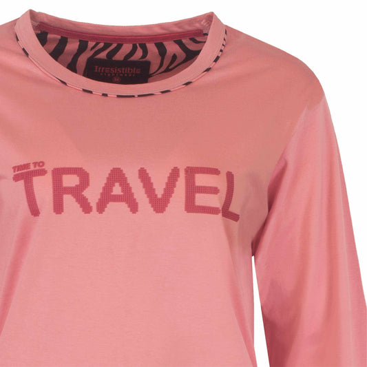 Roze katoenen pyjama met lange mouwen en 'Time to TRAVEL' opdruk, zebra print in de kraag van Irresistible