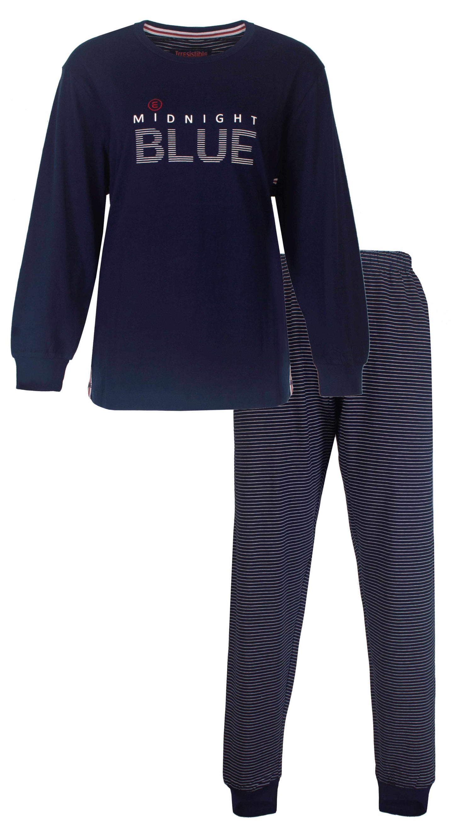 Marineblauw dames pyjama met lange mouwen. Shirt met 'Midnight Blue' opdruk en gestreepte broek.