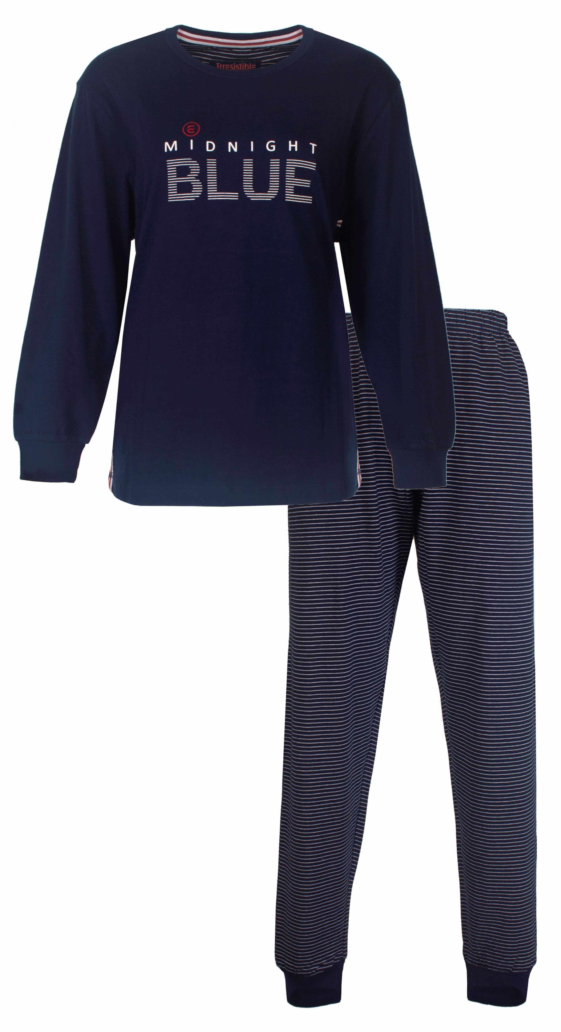 Marineblauw dames pyjama met lange mouwen. Shirt met 'Midnight Blue' opdruk en gestreepte broek.