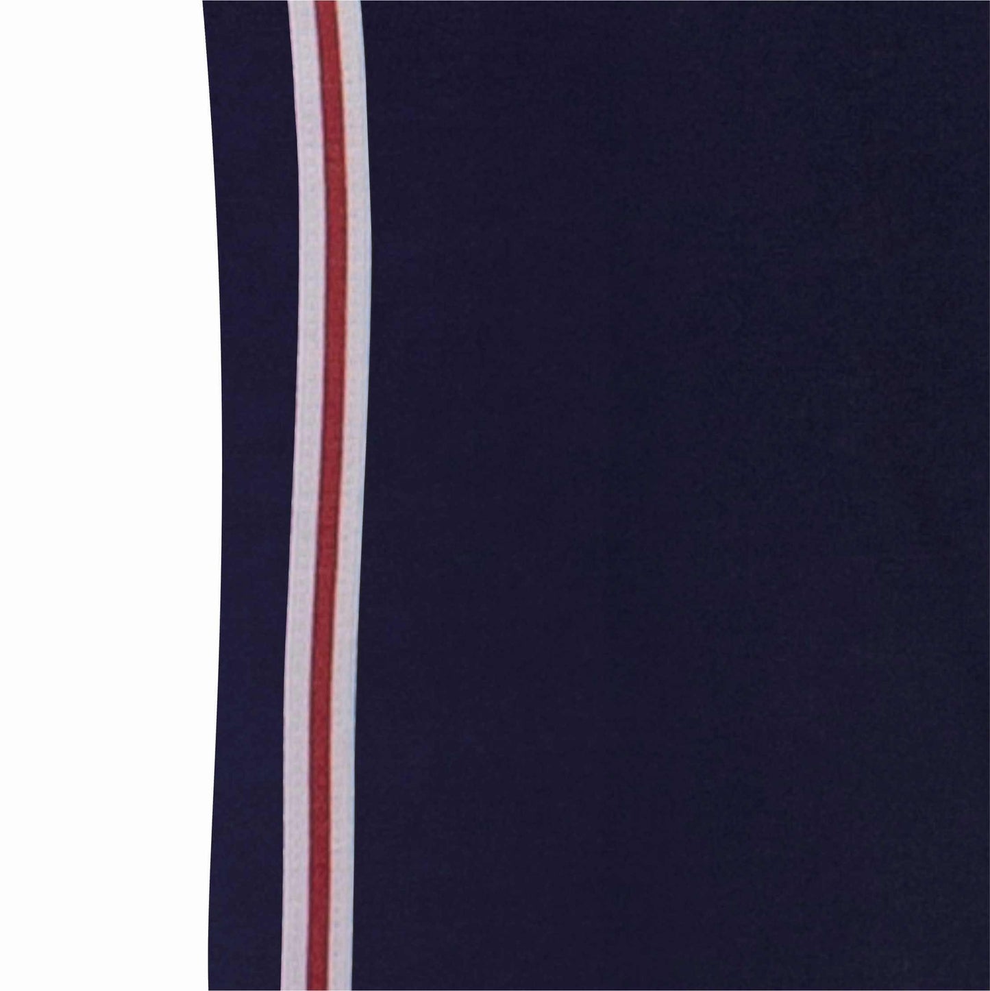 Close-up van donkerblauwe stof met een dunne witte en rode streep, waarschijnlijk van een pyjama.