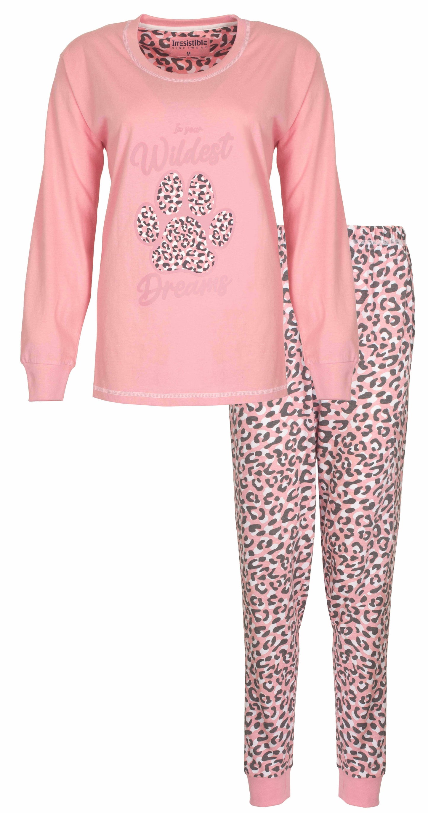 Roze pyjama set met lange mouwen. Top met dierenpoot print en bijpassende broek met luipaardprint.