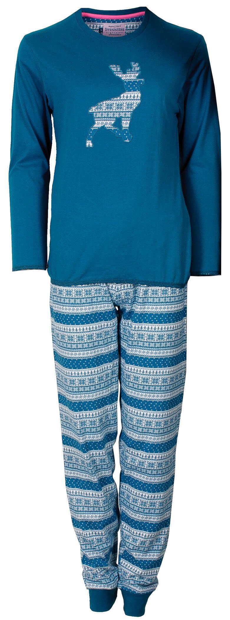 Groen-blauwe dames pyjama met lange mouwen. Winterse hertenstuk met rendier-print, broek met winterse strepen en motieven.